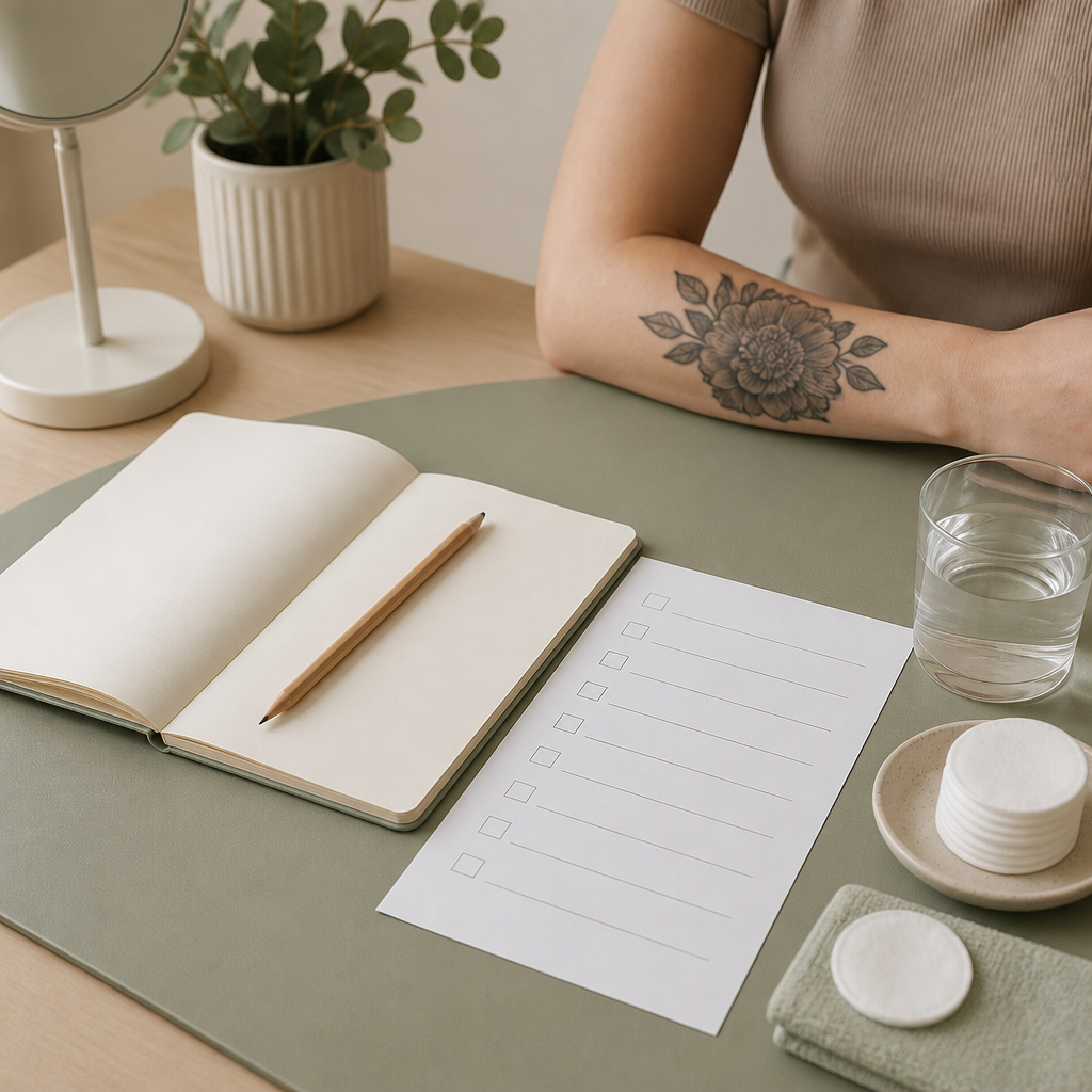 Consultation desk with an open notebook, pencil and water beside plain cotton pads for a tattoo removal appointment