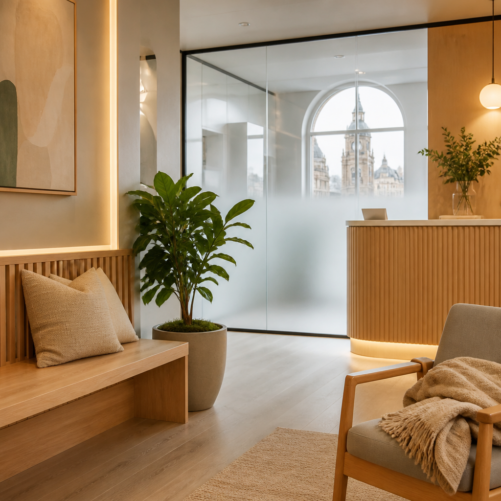 Relaxed clinic waiting area with oak bench, potted plant and soft lighting ahead of a laser treatment visit