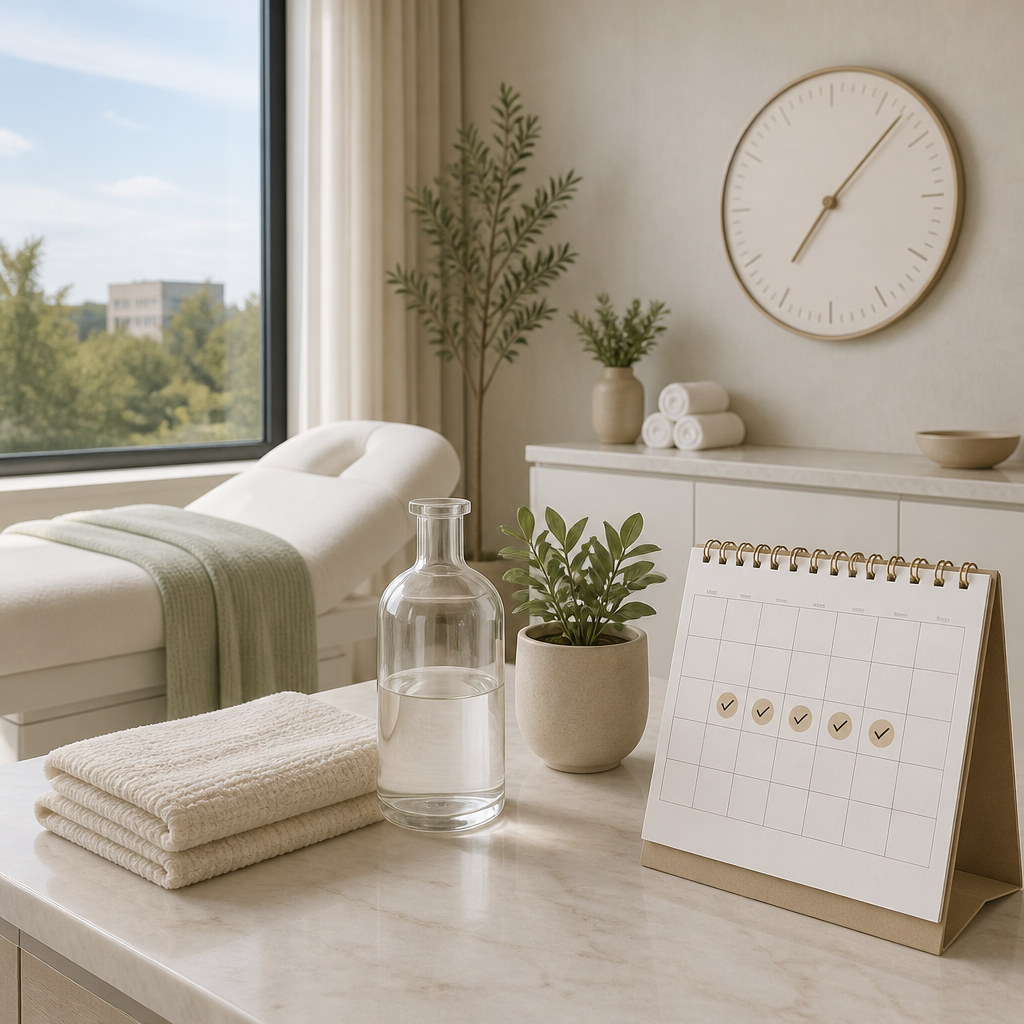 Treatment room in an Aurora medspa with a calendar and towels, planning aesthetic treatment downtime Aurora