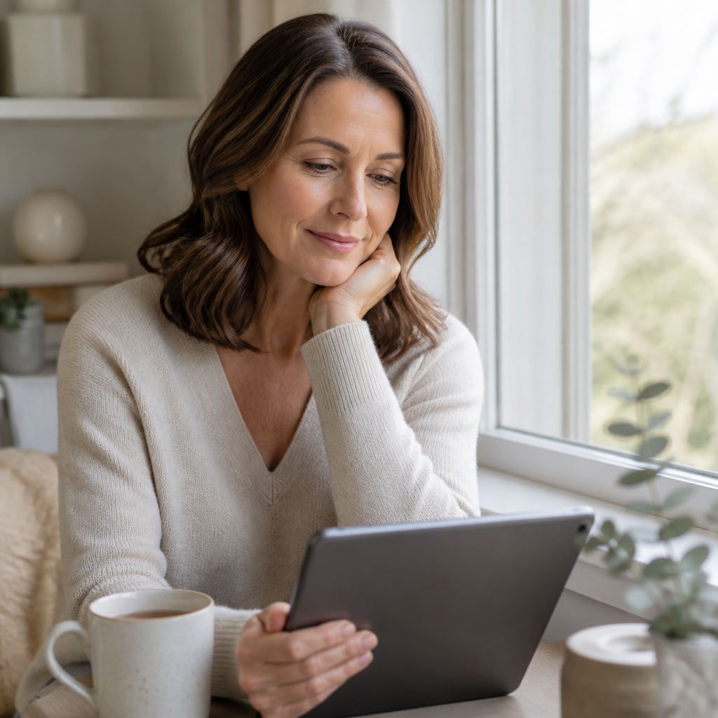 Woman planning her week with a planner and tea after a skin treatment, showing recovery scheduling