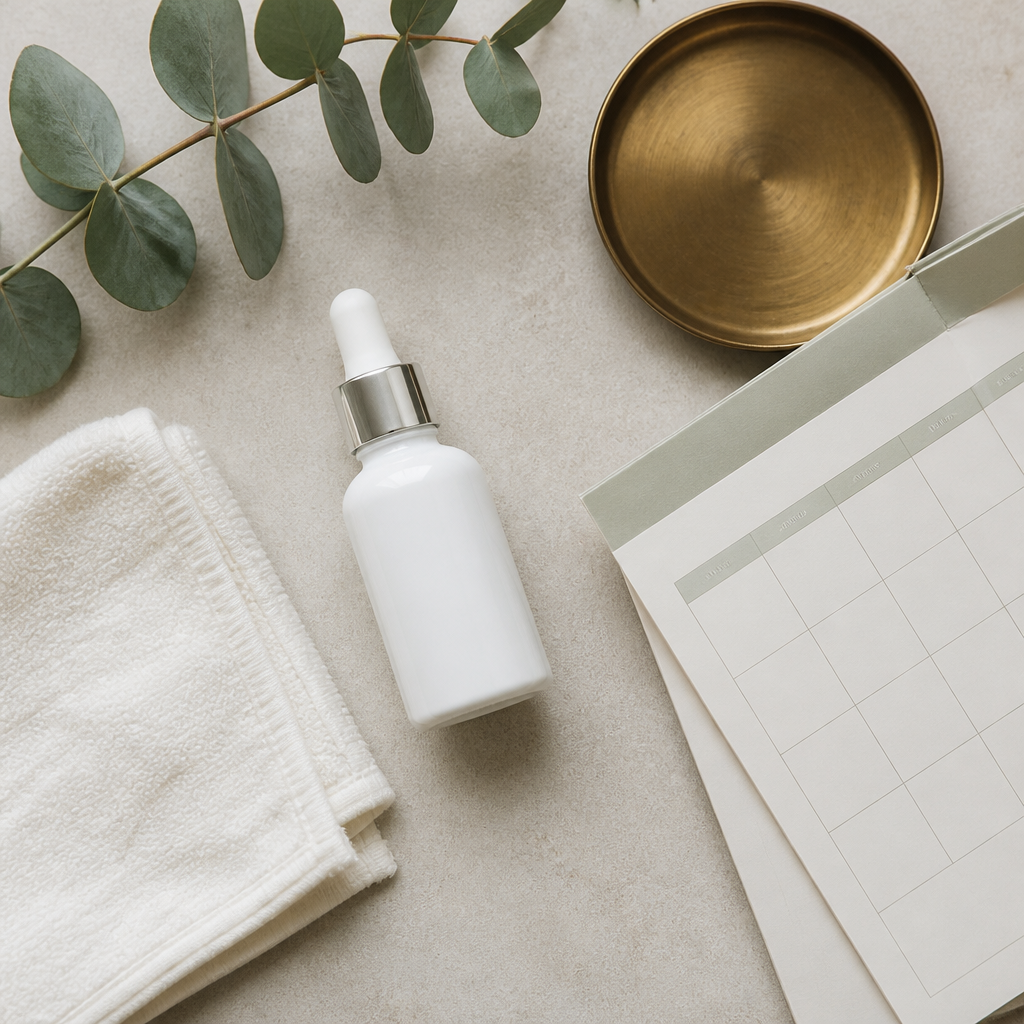Flat-lay of aftercare essentials and a weekly calendar for treatment downtime in the GTA