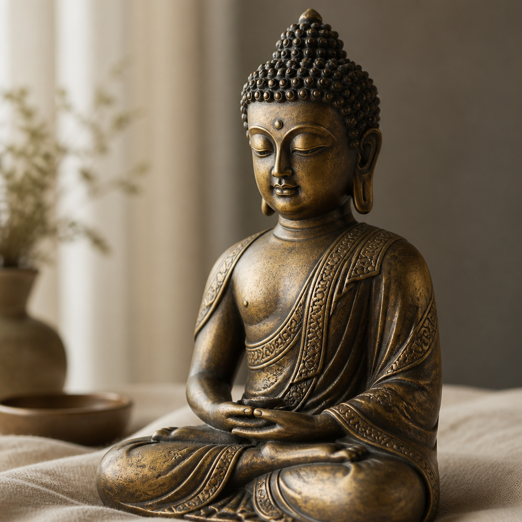 Close-up of a bronze Buddha statue showing crisp facial detail and smooth patina, illustrating bronze casting in Asian sculpture.