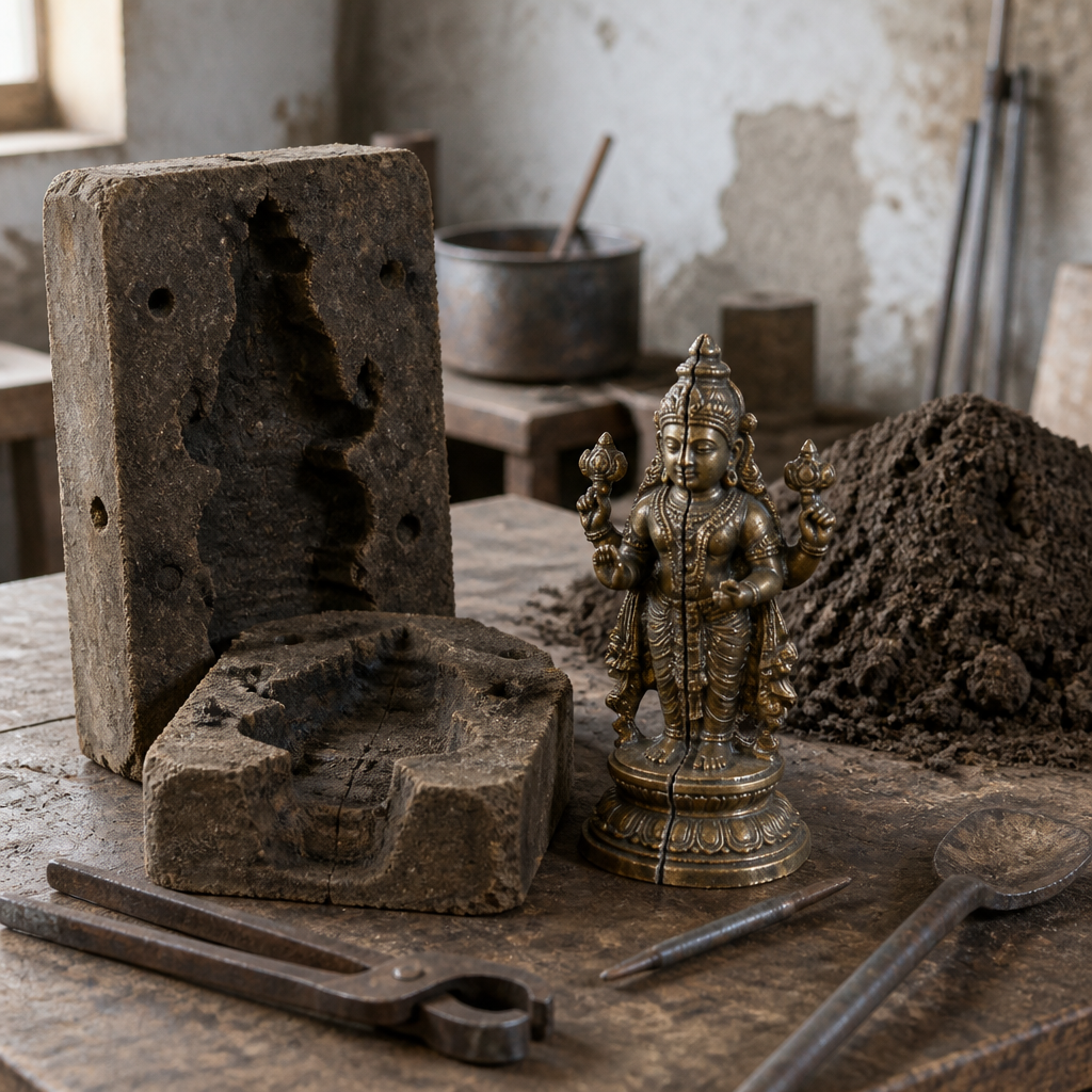 Sand mold and bronze deity figure on a workbench, showing visible seams from a sand-cast bronze statue.