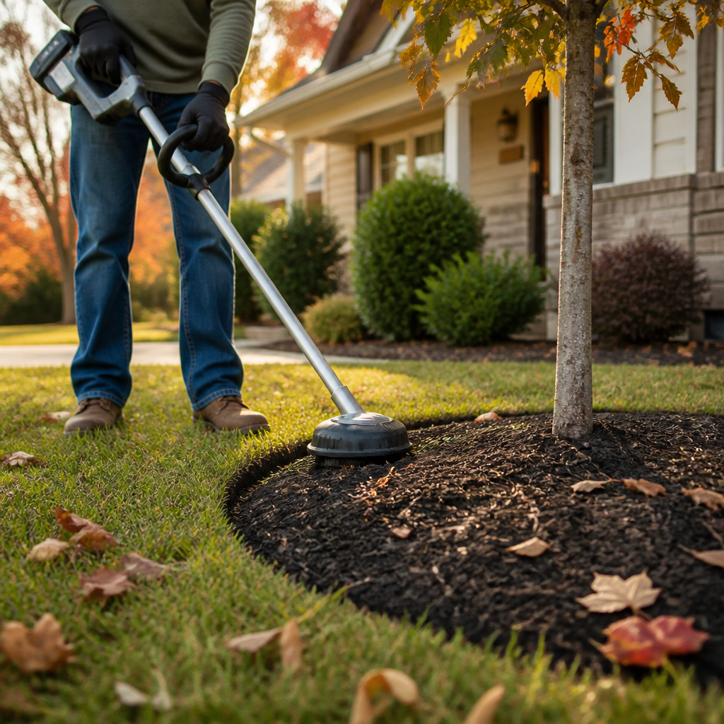 String trimmer cutting grass cleanly along a mulch ring at the base of a tree in an Alabama yard this fall