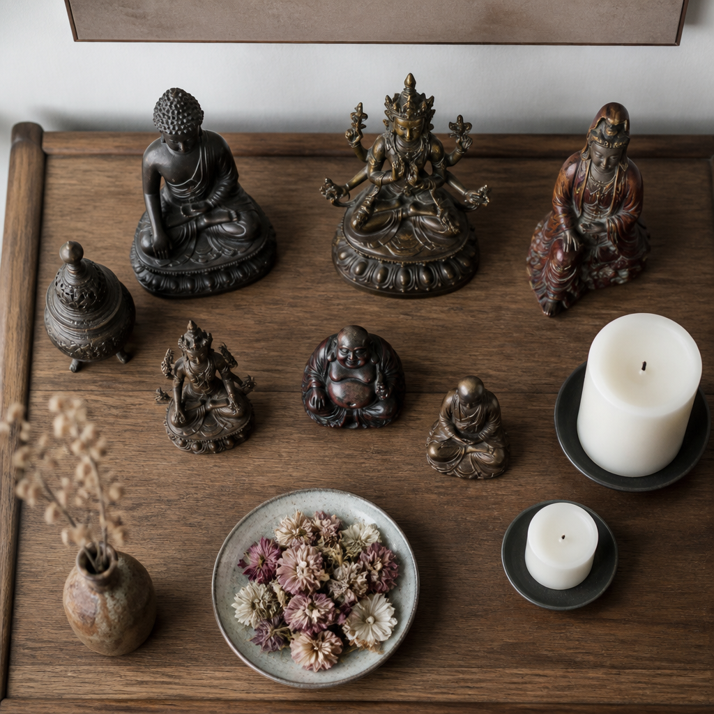 Overhead view of bronze Asian sculptures arranged on a home altar, helpful for comparing casting methods.