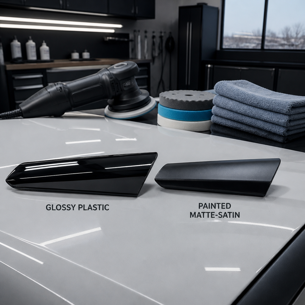 Gloss black trim and painted trim samples beside detailing polisher and microfiber towels