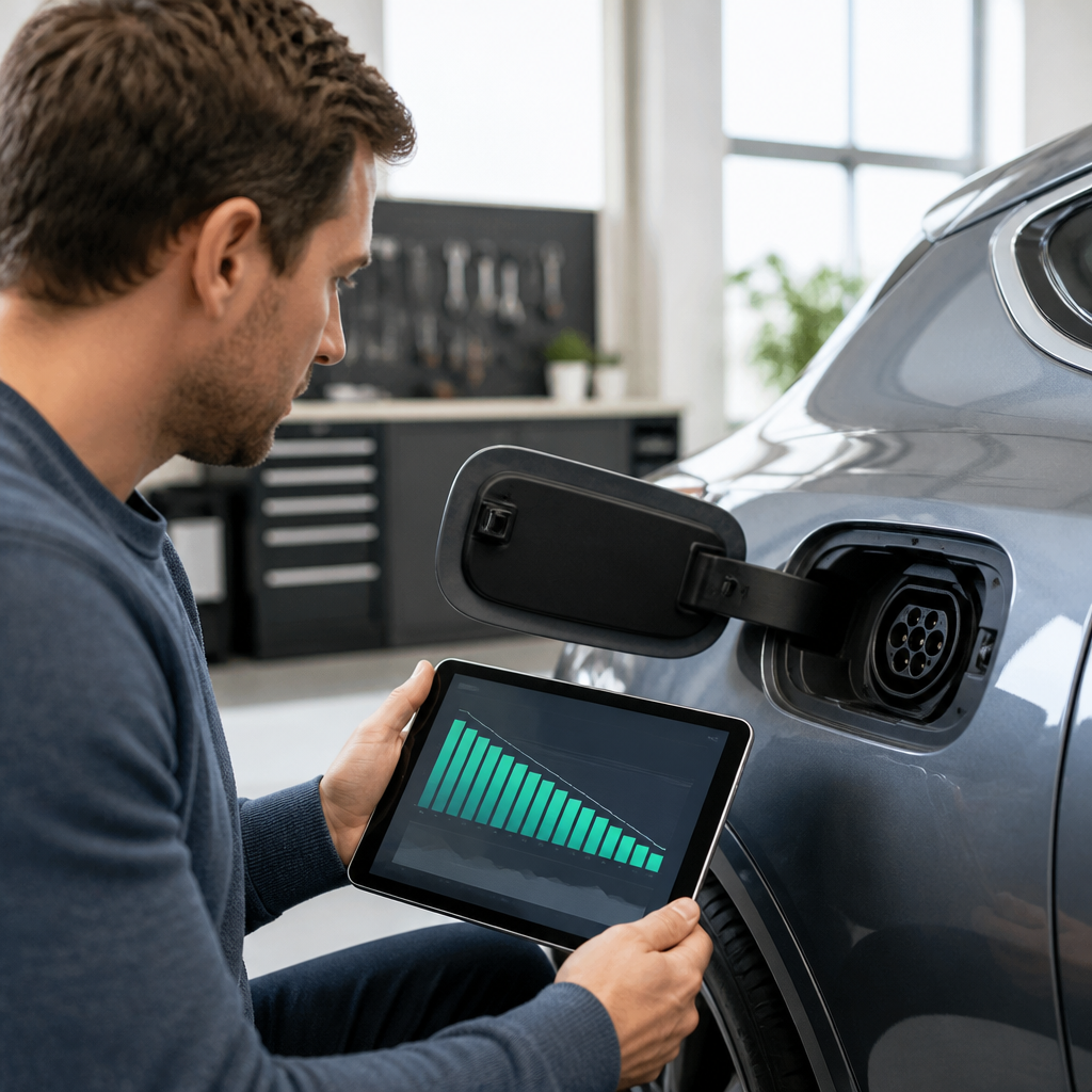 Buyer inspecting an electric car charging port and a battery health graph on a tablet in a workshop