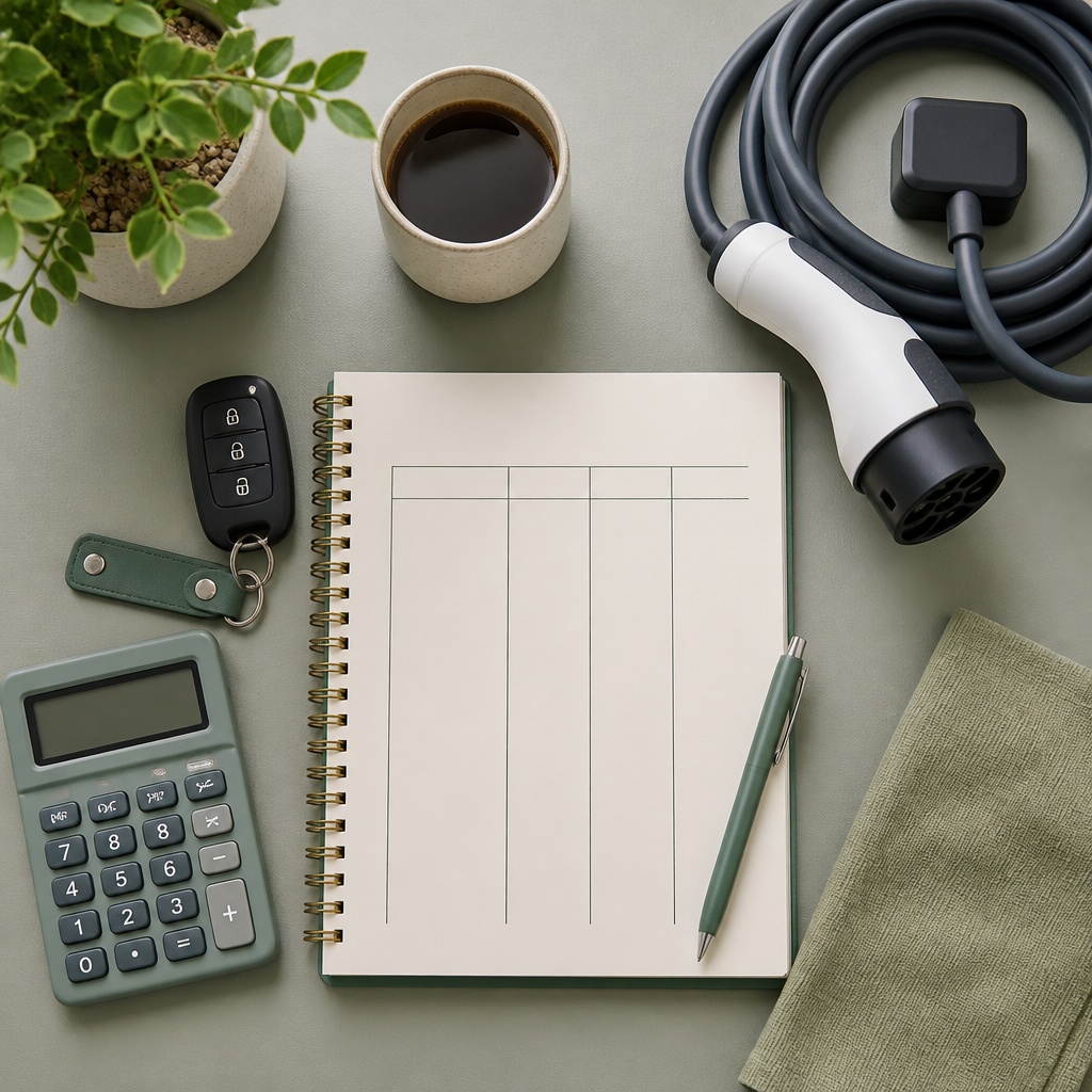 Desk flat-lay with a notebook, calculator, car key and charging cable for estimating EV running costs