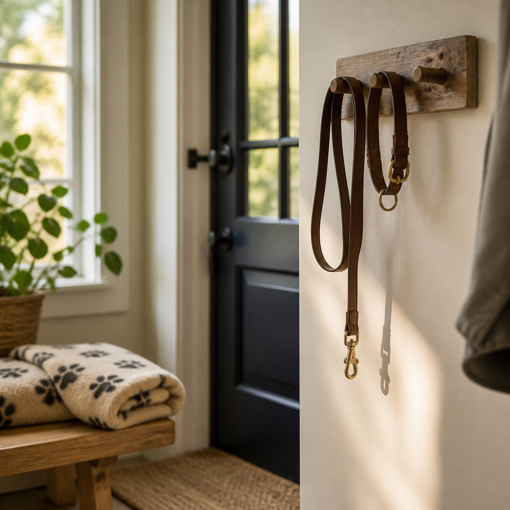 A pet leash and collar hanging by a door beside a folded blanket, illustrating pet belongings after death.