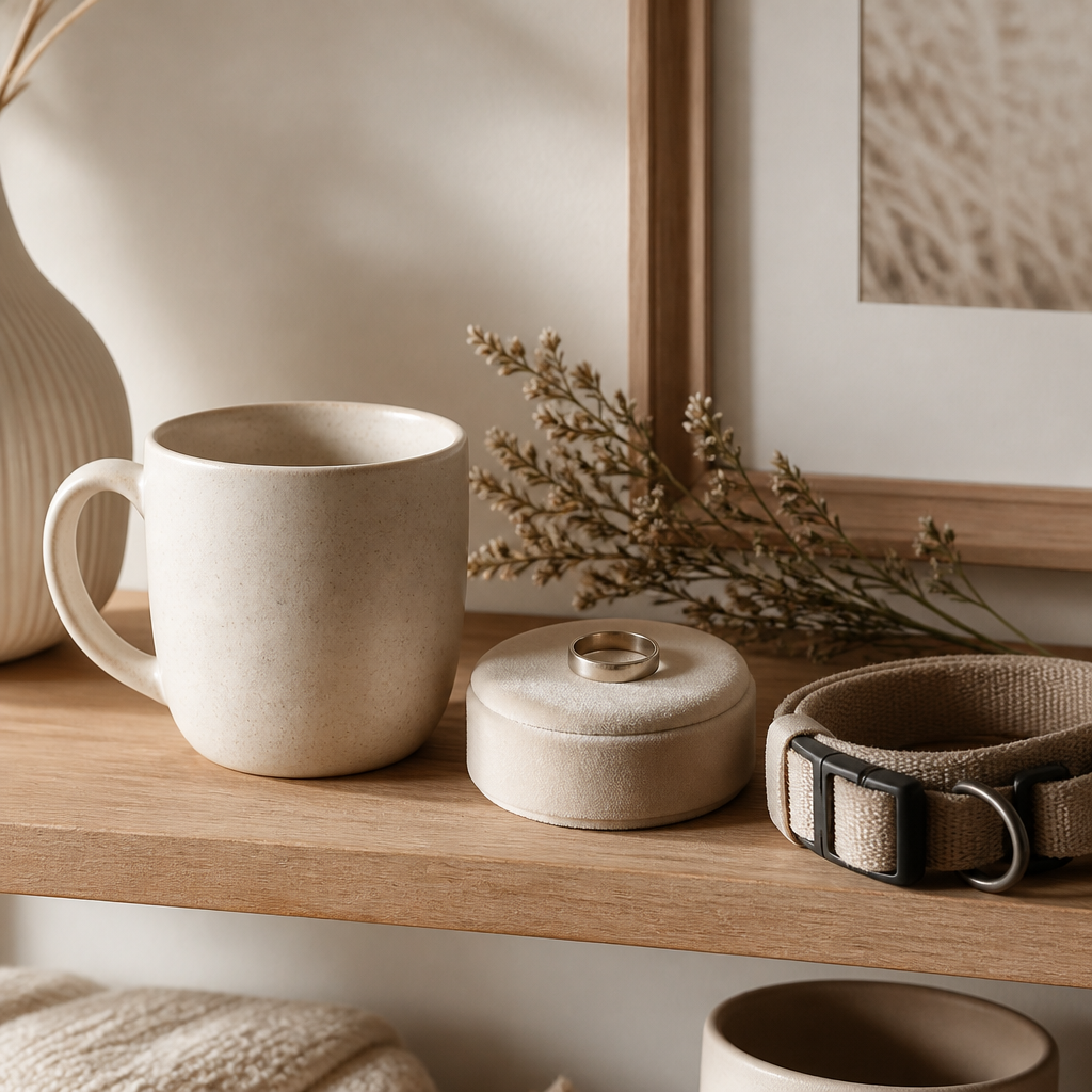 Ceramic mug and keepsake ring displayed on a shelf as gentle memorial keepsakes for a pet.