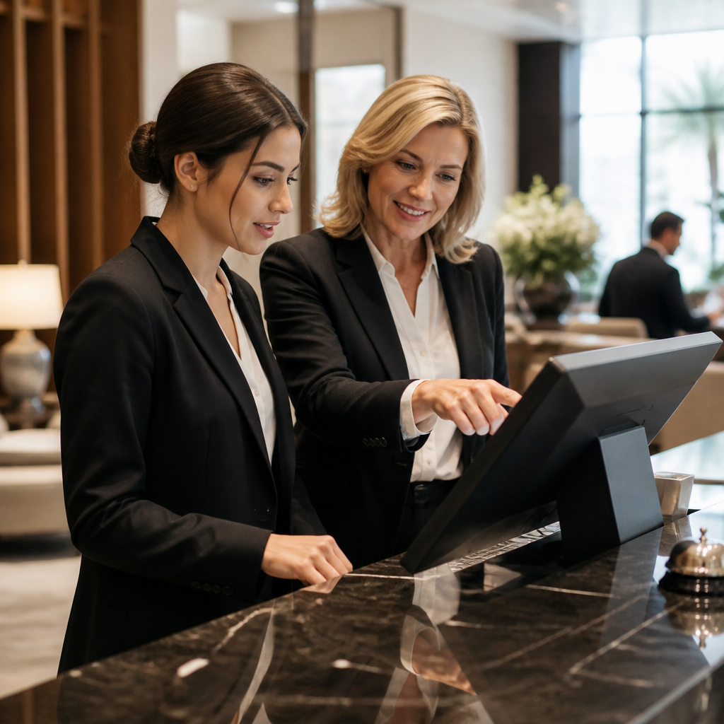 Trainee receptionist learning check-in procedures beside a senior colleague in a bright hotel lobby