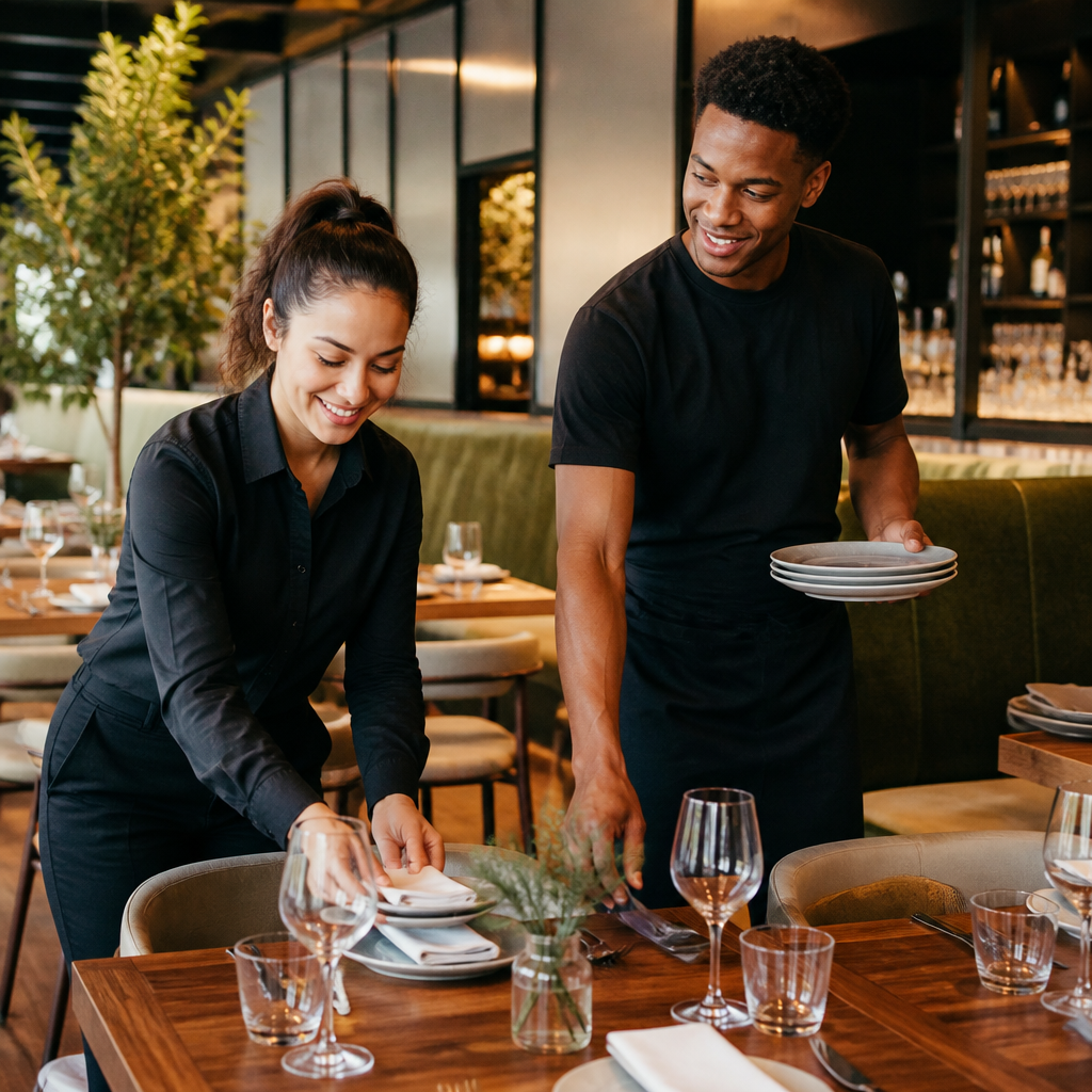 Restaurant host and food runner setting tables together before a dinner service