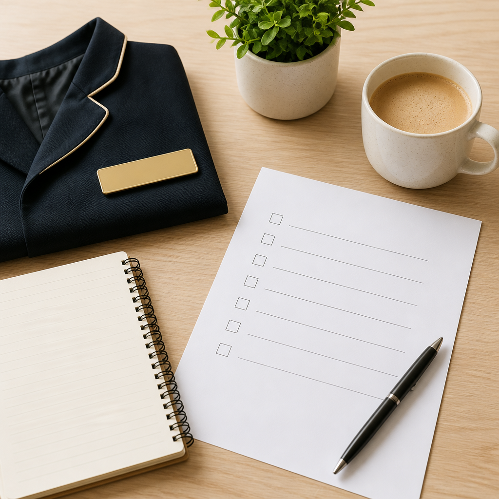 Desk setup with notebook, pen and coffee for planning a hospitality job application