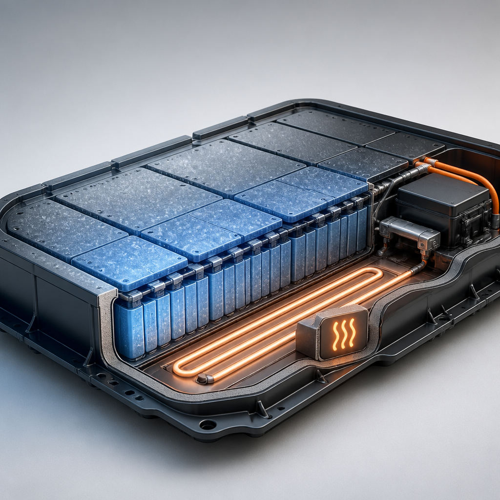 Schemadarstellung einer Elektroauto-Traktionsbatterie bei Kälte mit Heizelementen zur Temperierung