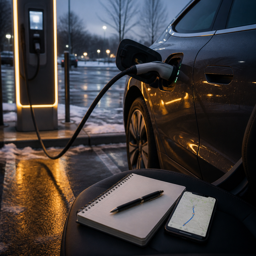 Elektroauto an einer Ladesäule am Abend mit Reiseplanung für die Winterreichweite