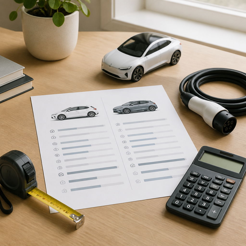 Schreibtisch mit Messband, Taschenrechner und Datenblatt zum Vergleich von Elektroautos für die Kaufberatung