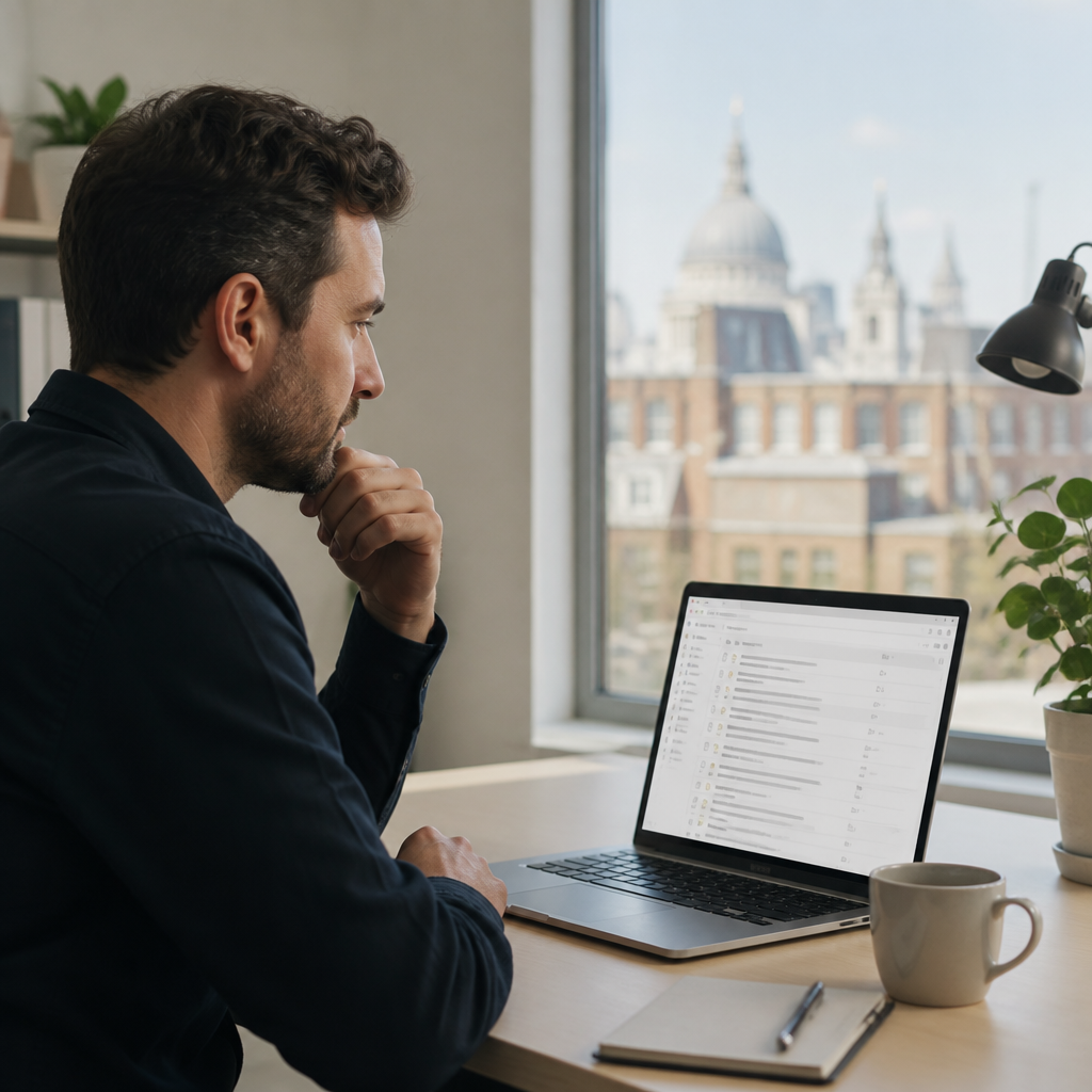 London business owner reviewing suspicious emails on a laptop to spot phishing protection warning signs