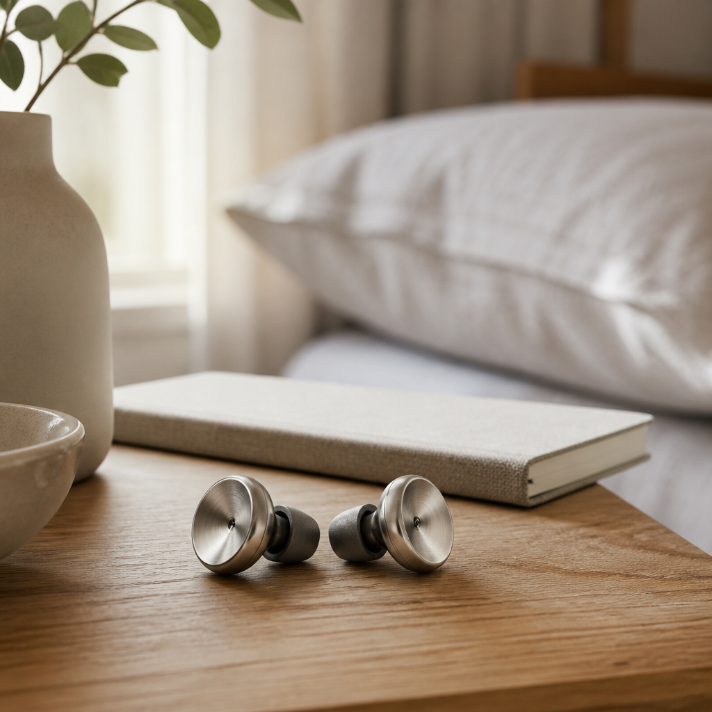 Metal-bodied reusable ear plugs with foam tips resting on a bedside table, illustrating noise recovery during sleep.