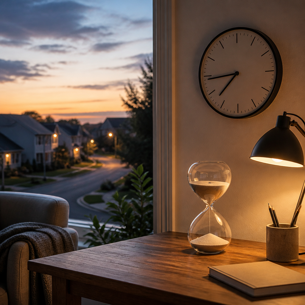 Wall clock and hourglass on a wooden desk representing daily quiet time between periods of loud noise.