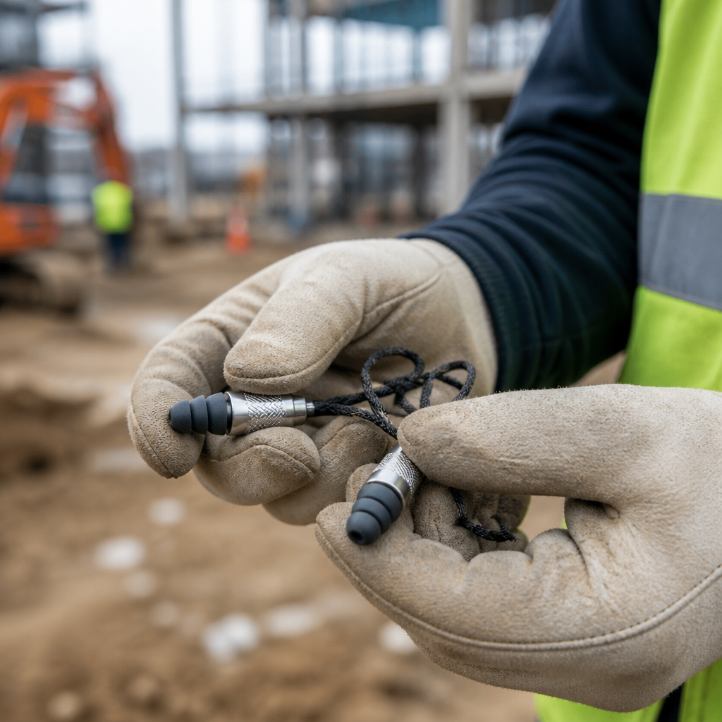 Hands holding reusable ear plugs at a loud work site, showing hearing protection for noise exposure limits.
