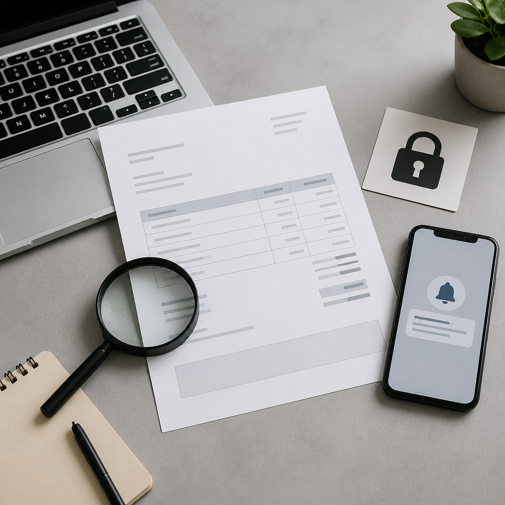 Desk flat-lay with a printed invoice, laptop and magnifying glass representing invoice fraud checks