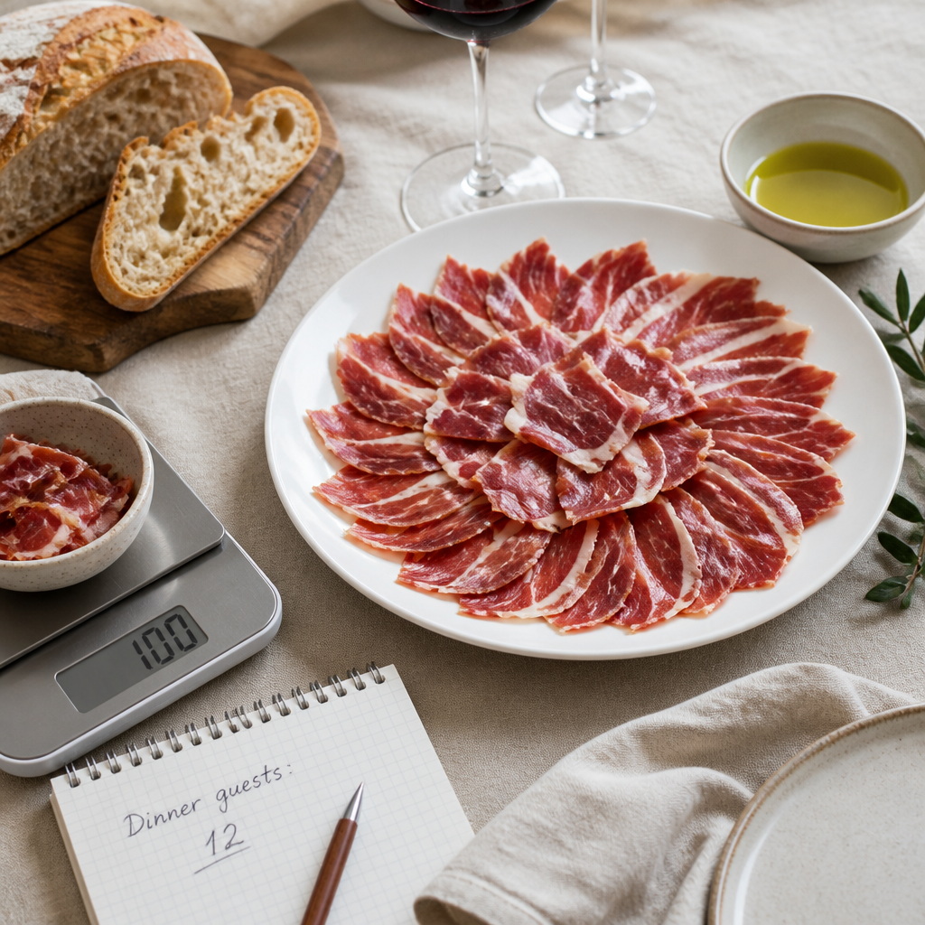 Mesa de celebración con bandeja de jamón ibérico en lonchas, pan y una balanza para calcular las raciones