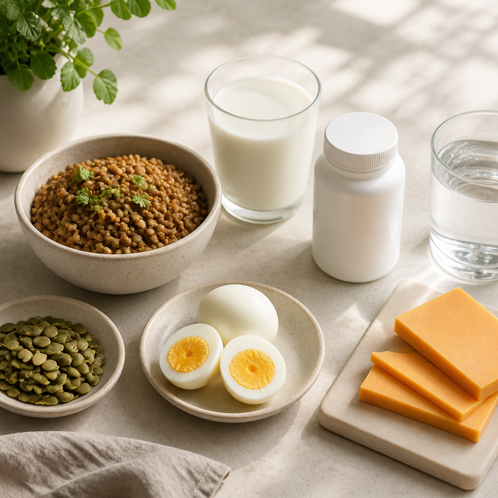 Flat-lay of phosphorus-rich foods such as lentils, pumpkin seeds, milk, cheese and eggs on a kitchen counter