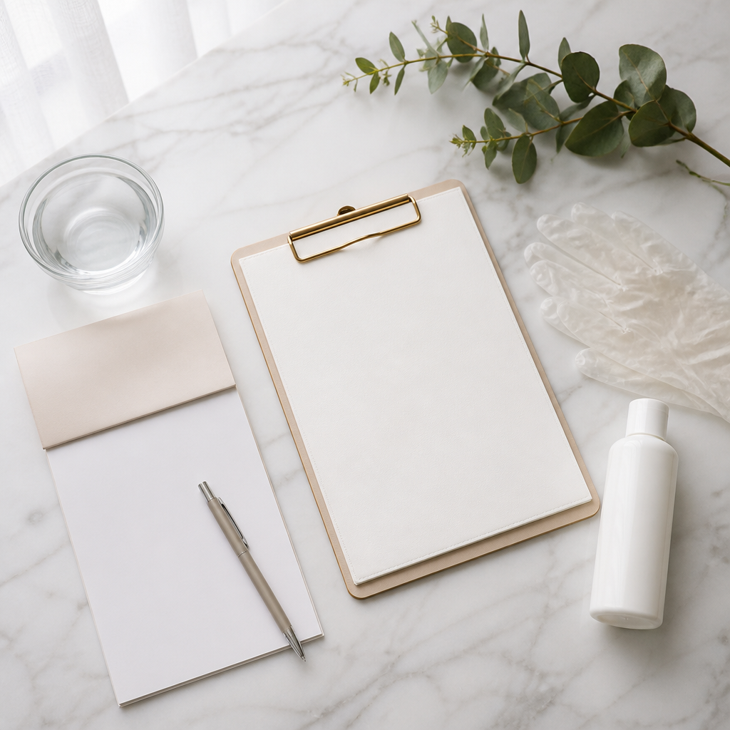 Flat-lay of consultation supplies on a white counter, including a notepad, pen and gloves, prepared for a chin filler visit.