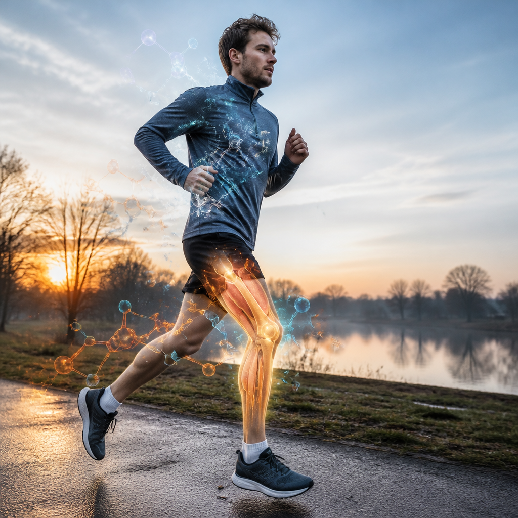 Runner on a UK park path at dawn with a glowing graphic suggesting energy release in working muscles