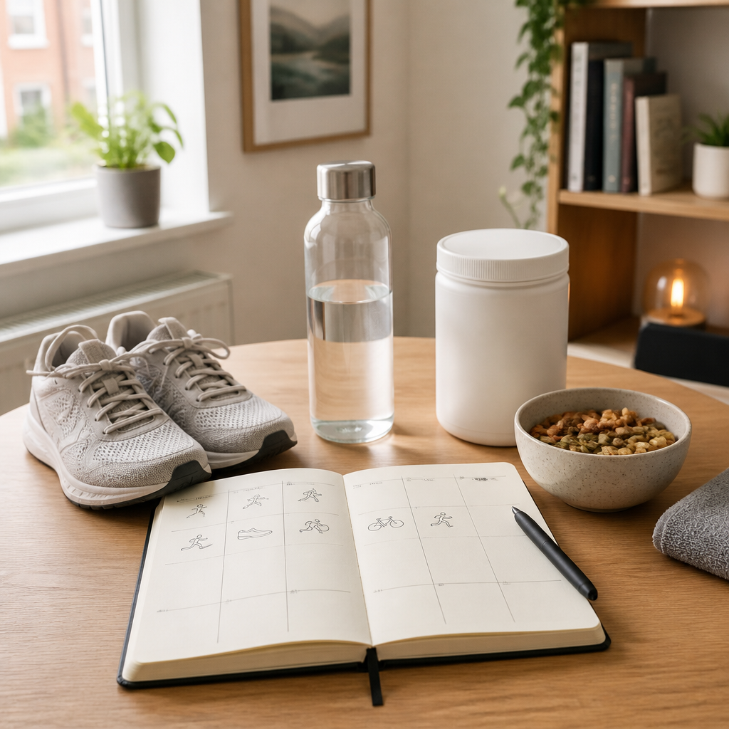 Wooden desk with a training plan notebook, running trainers, water bottle and nuts for planning athlete nutrition