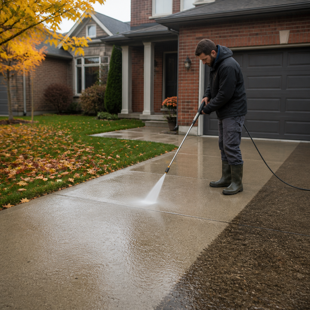 Pressure washing a Hamilton driveway in fall, with a clean strip of concrete beside leaf-strewn wet pavement.