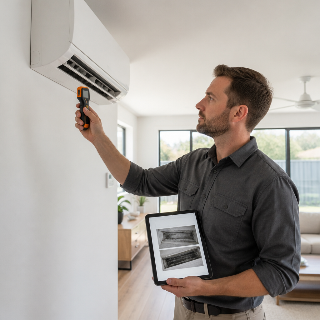 Inspector testing a wall-mounted air conditioning defects check in a new home living room at handover