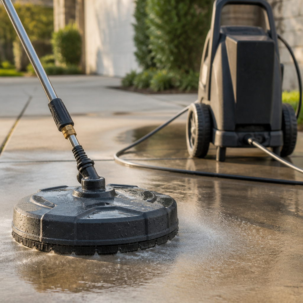 Surface cleaner attachment working across a residential concrete driveway during a fall wash.