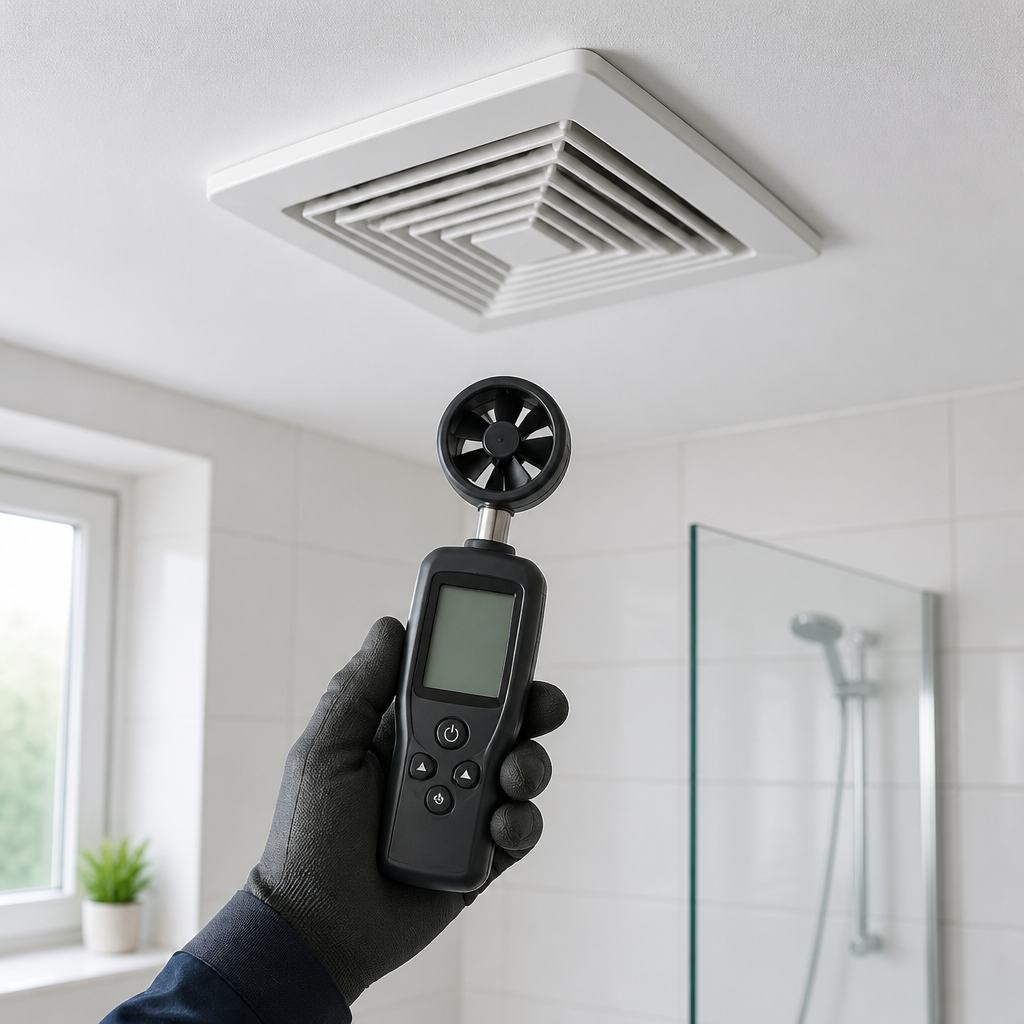 Airflow meter held under a bathroom exhaust fan during a mechanical ventilation inspection