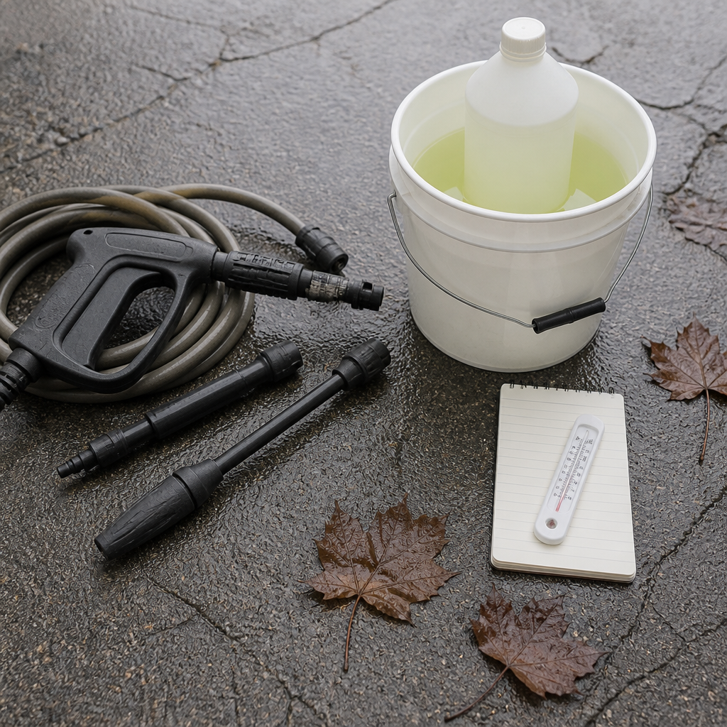 Driveway cleaning tools and pre-treatment supplies laid out on wet asphalt before a fall wash.