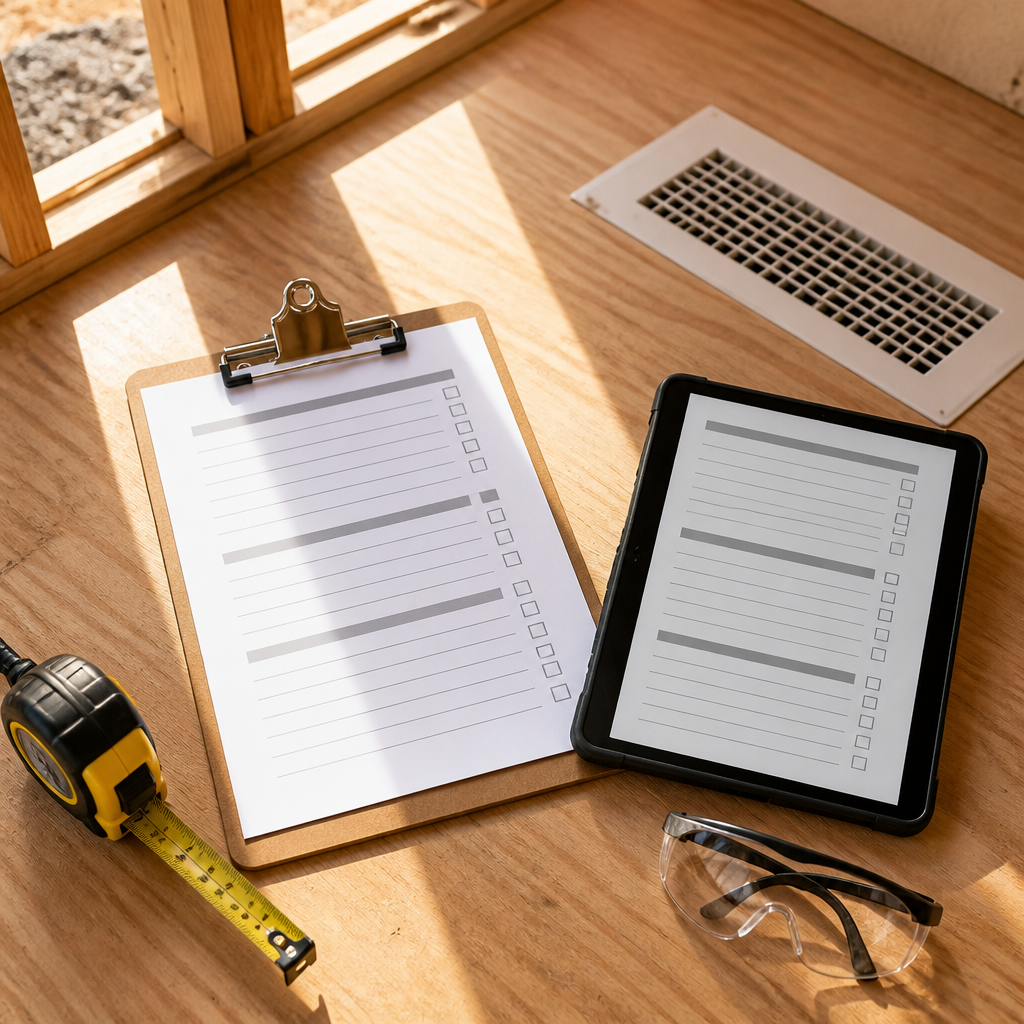 Inspection checklist and tools beside a ducted air conditioning grille at a new build site