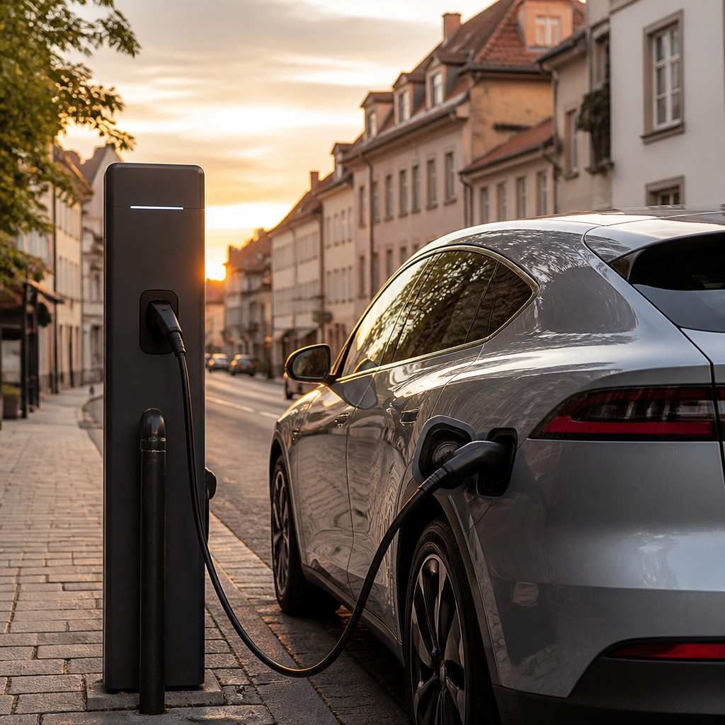 Coche eléctrico conectado a un punto de carga en una ciudad europea al atardecer, símbolo de la transición eléctrica