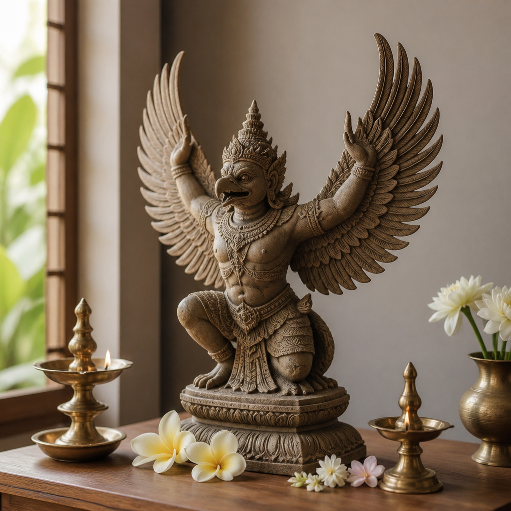 Carved Garuda statue with spread wings on a wooden altar beside brass oil lamps, illustrating the Garuda statue in Asian religious art.