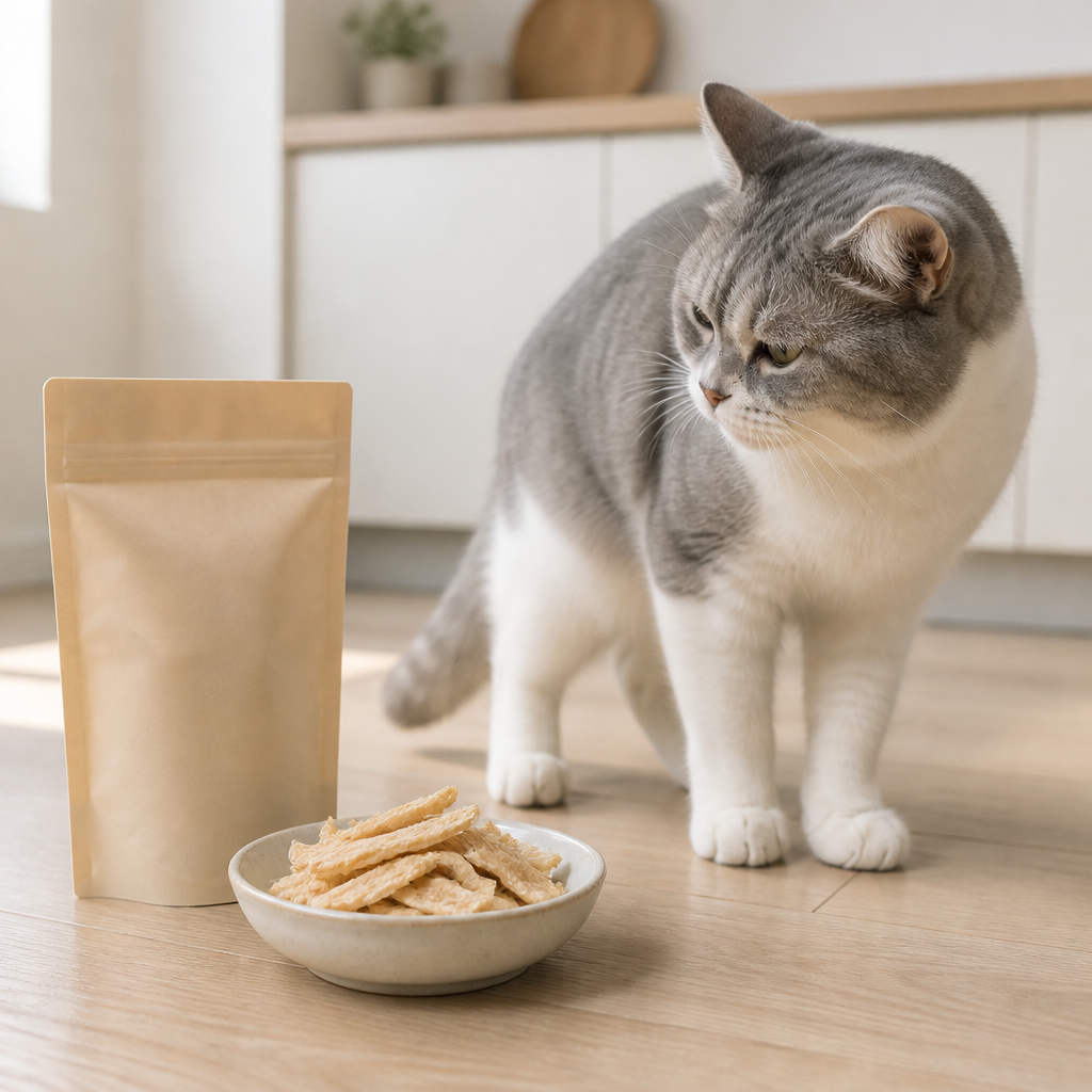 Fussy cat sniffing a bowl of plain air-dried chicken treats on a light wooden kitchen floor