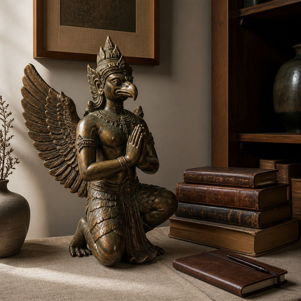 Bronze-toned Garuda sculpture with bird features displayed on a shelf beside old books in a collector's study.