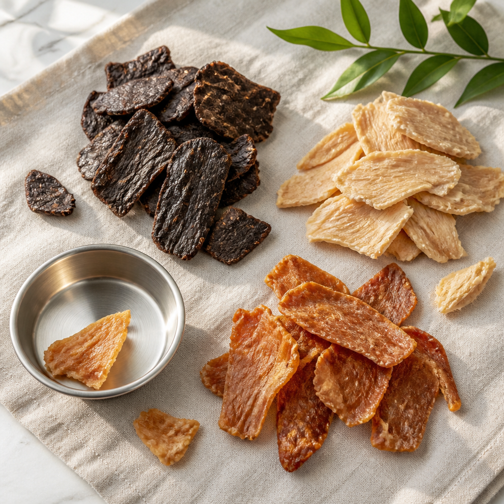 Flat lay of air-dried beef, chicken and turkey pet treat chips on a neutral linen cloth