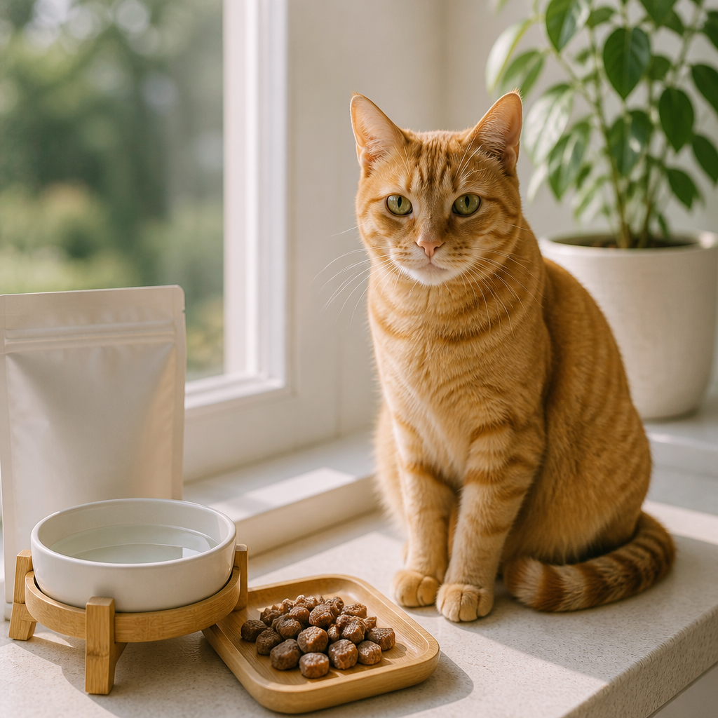 Relaxed tabby cat on a sunny windowsill beside a feeding spot with crunchy meat treats
