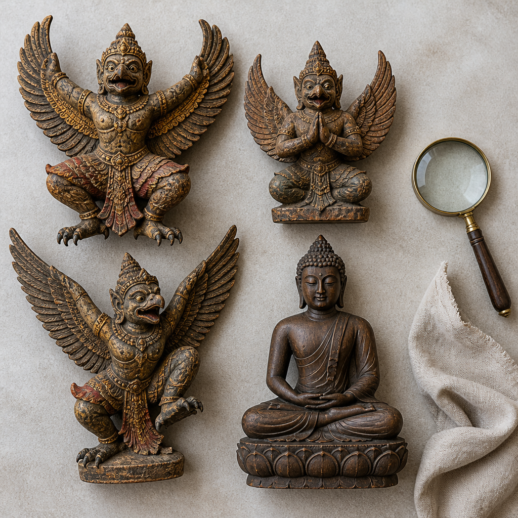 Overhead view of carved Garuda and Buddha statues on stone with a magnifying glass, showing how to inspect authentic pieces.