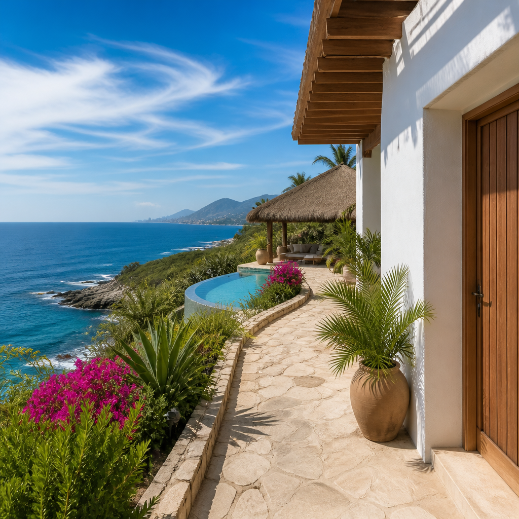 Luxury oceanfront villa terrace overlooking the Pacific coast, representing coastal property in Mexico