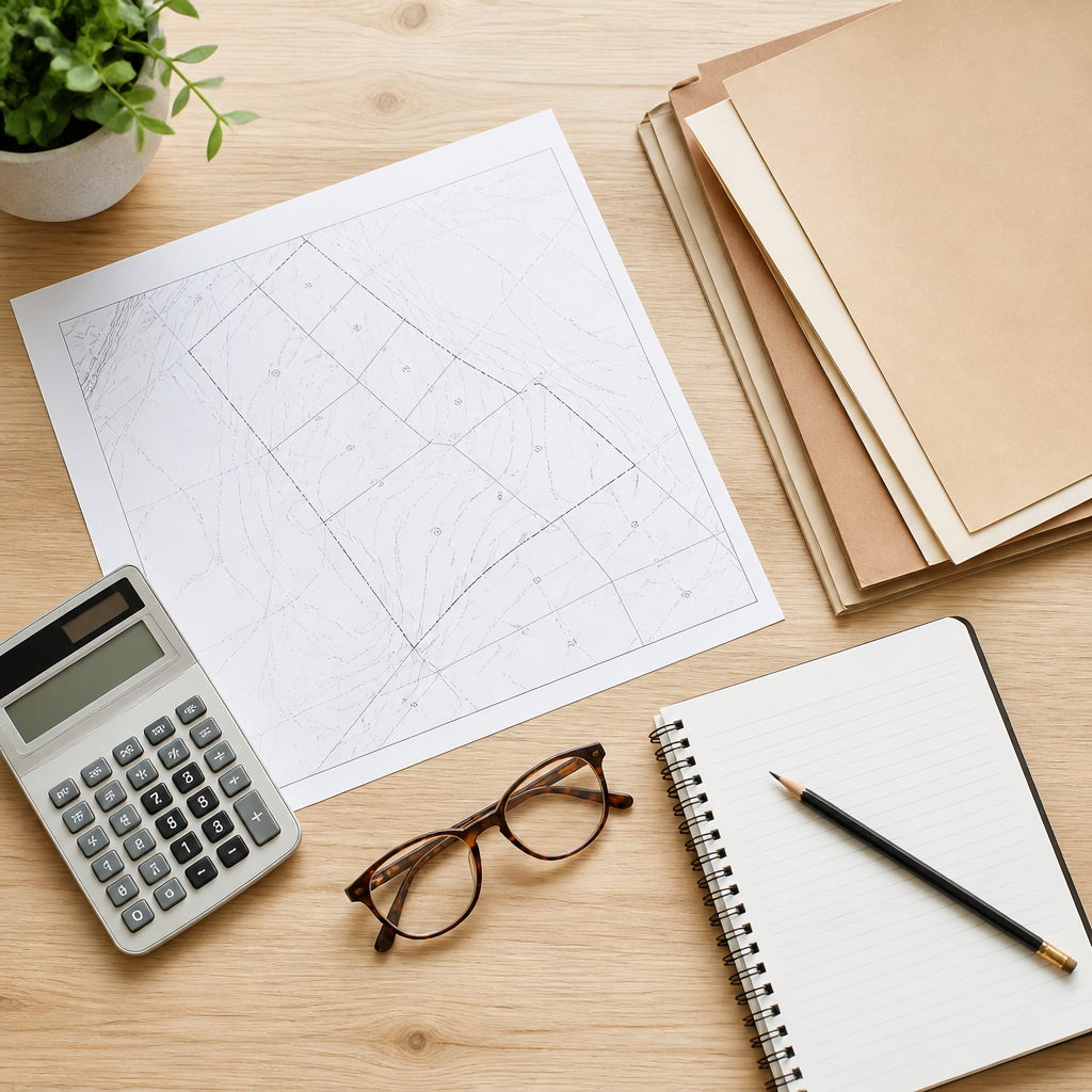 Flat-lay of a survey map, calculator and folders for property due diligence in Mexico