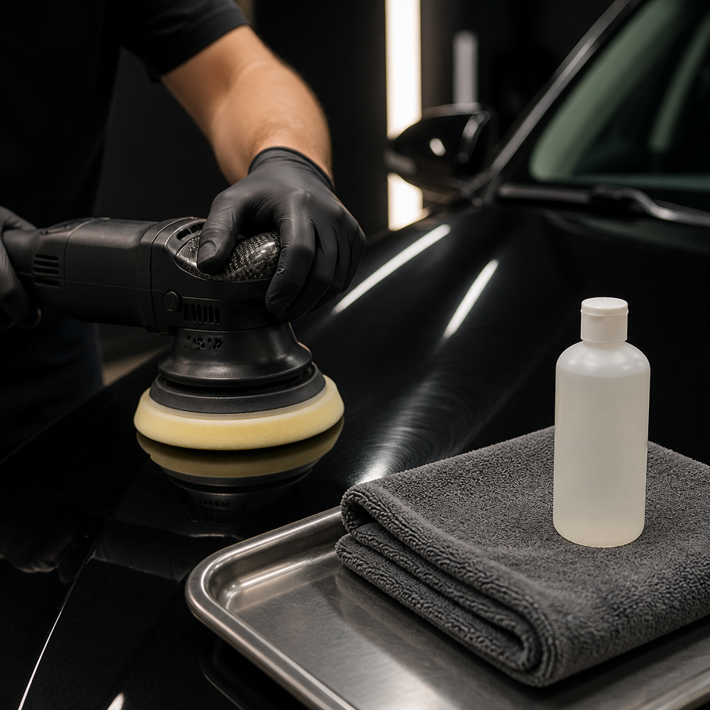 Detailer using a machine polisher on a car hood to remove swirl marks before fall paint correction.