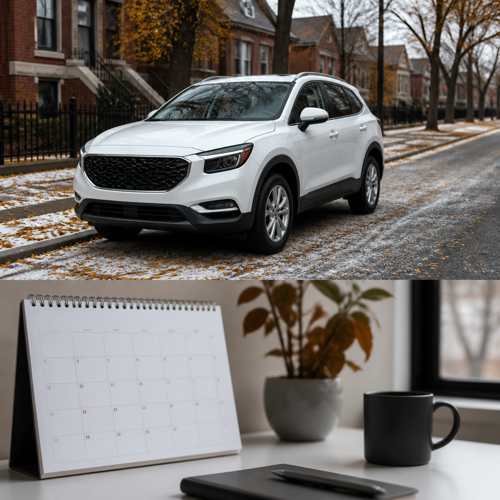 White SUV on an autumn suburban street with road salt, illustrating paint correction before winter in Illinois.