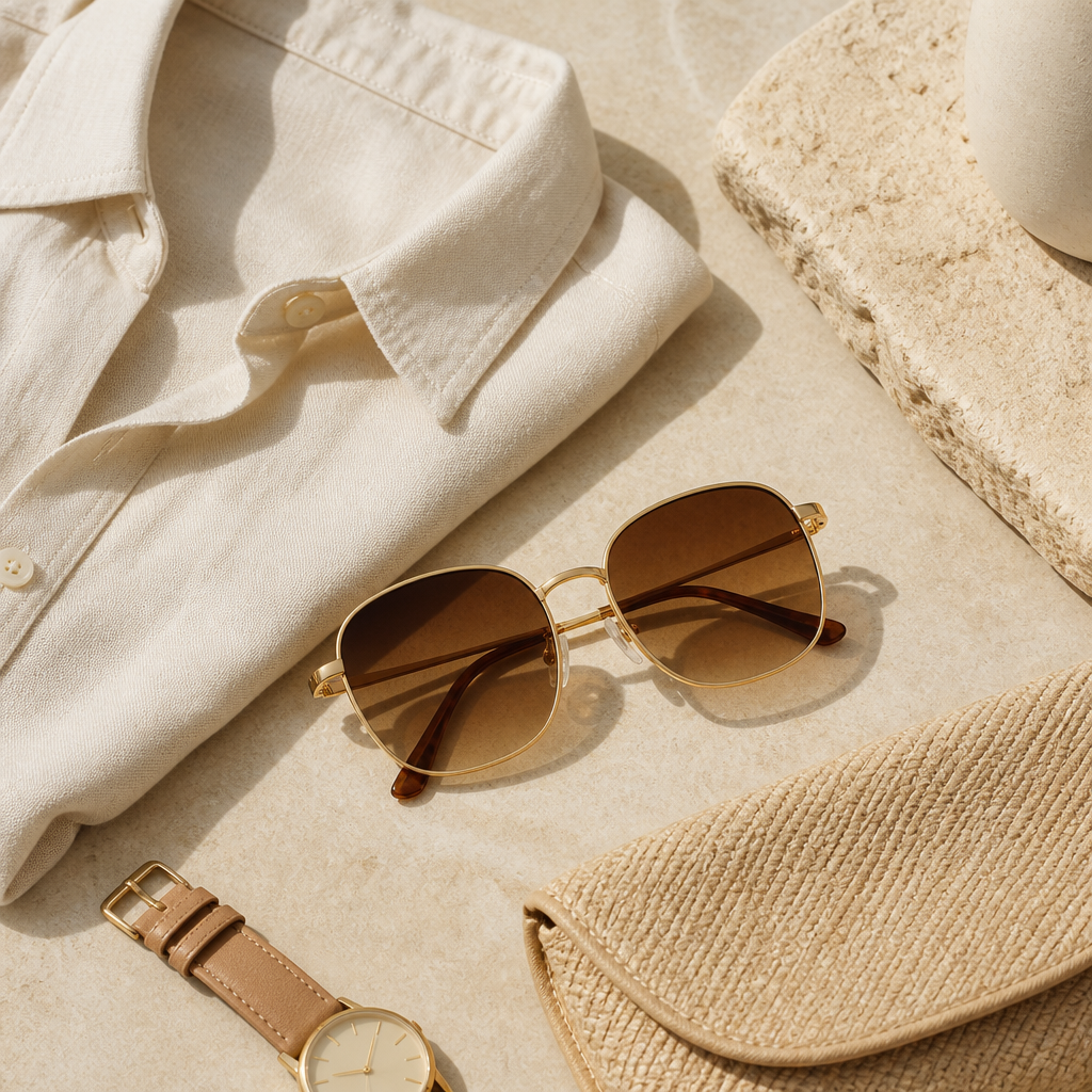 Gold-framed sunglasses styled on a flat lay with a cream linen shirt and tan leather accessories, matching sunglasses to outfit in UAE.
