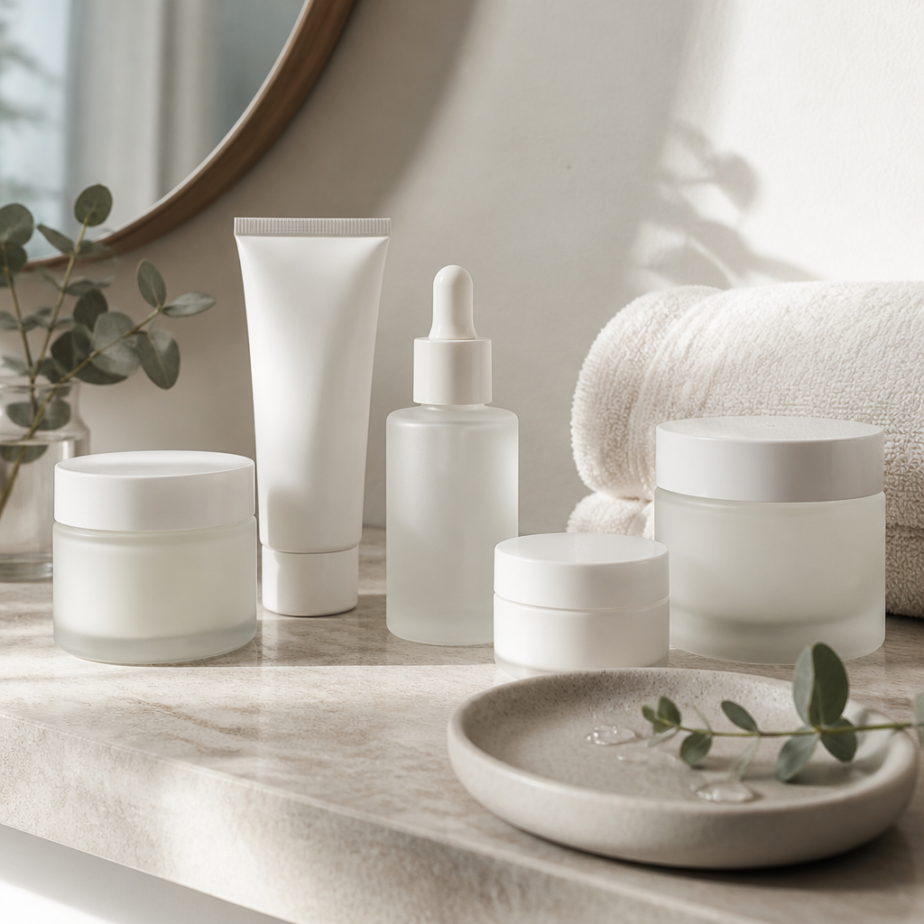 Flat-lay of plain unlabelled moisturiser bottles and a folded towel on a bathroom shelf before a skin treatment