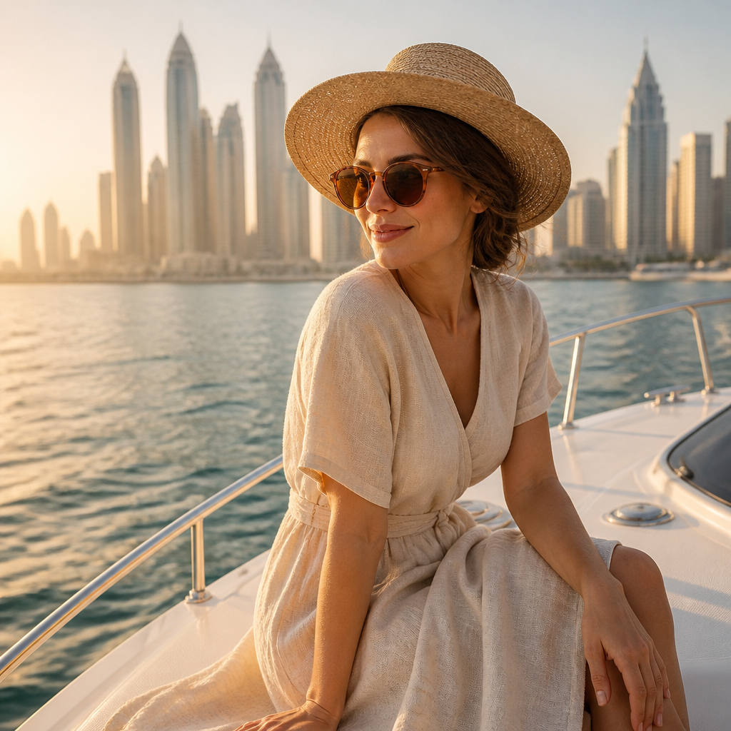 Woman in linen dress and round amber-lens sunglasses on a boat deck at golden hour, illustrating weekend eyewear styling in Dubai.